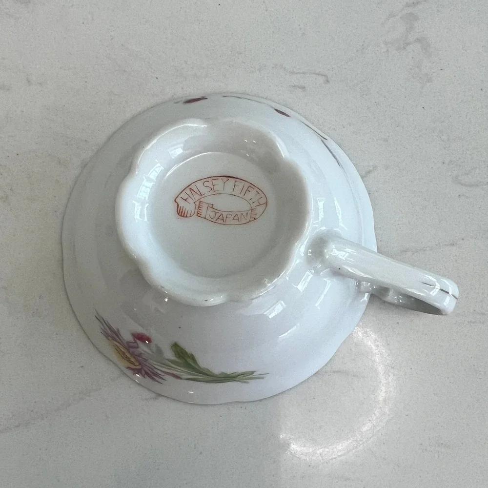 Vintage Halsey Fifth Japan Floral Porcelain Teacup Saucer Set Gold‎ Trim